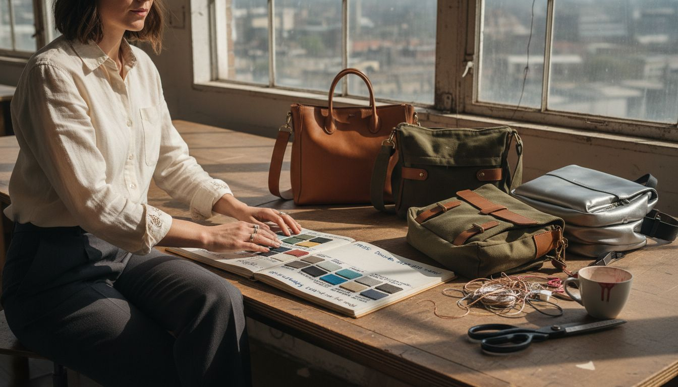 Designer comparing bag materials at drafting table