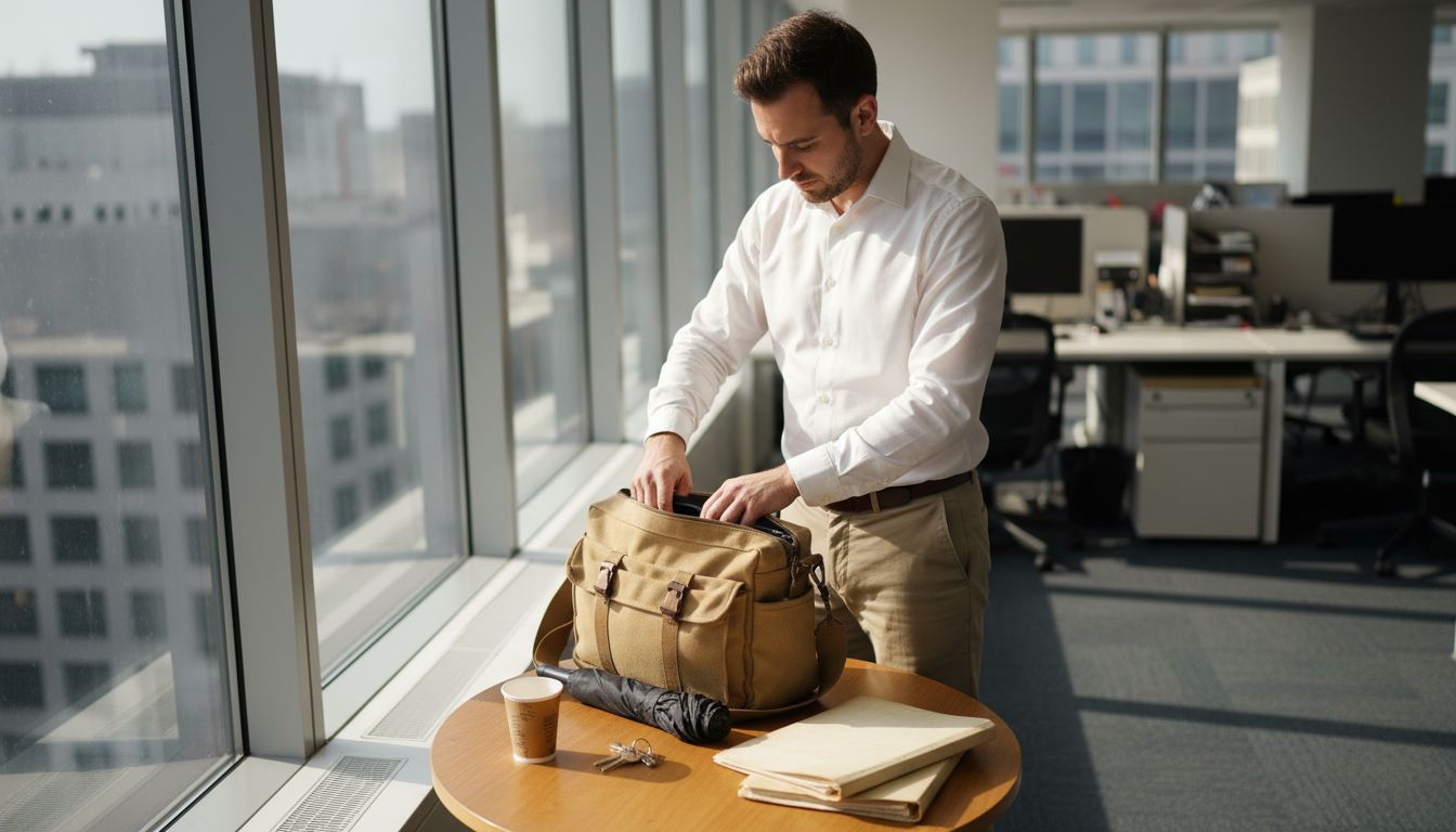 Man packing messenger bag in sunlit office