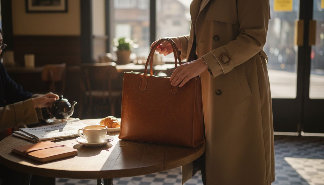 Woman placing leather tote in bright café