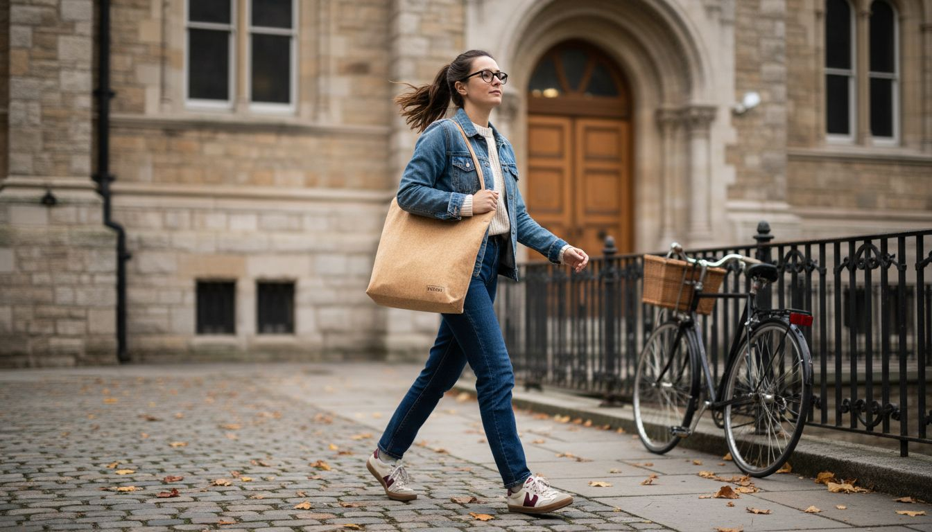 Woman carrying vegan tote bag outdoors