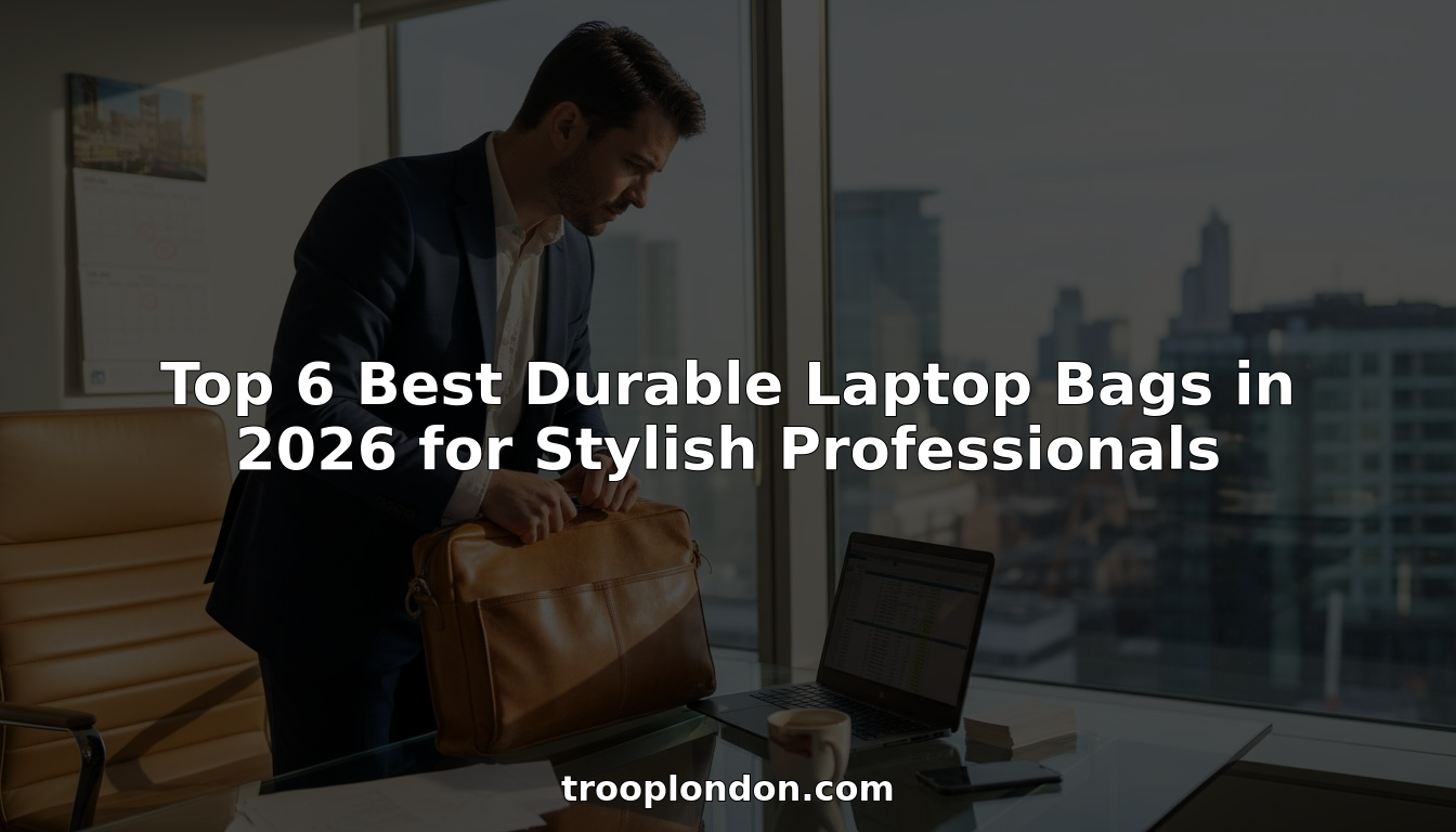 Professional with laptop bag in city corner office