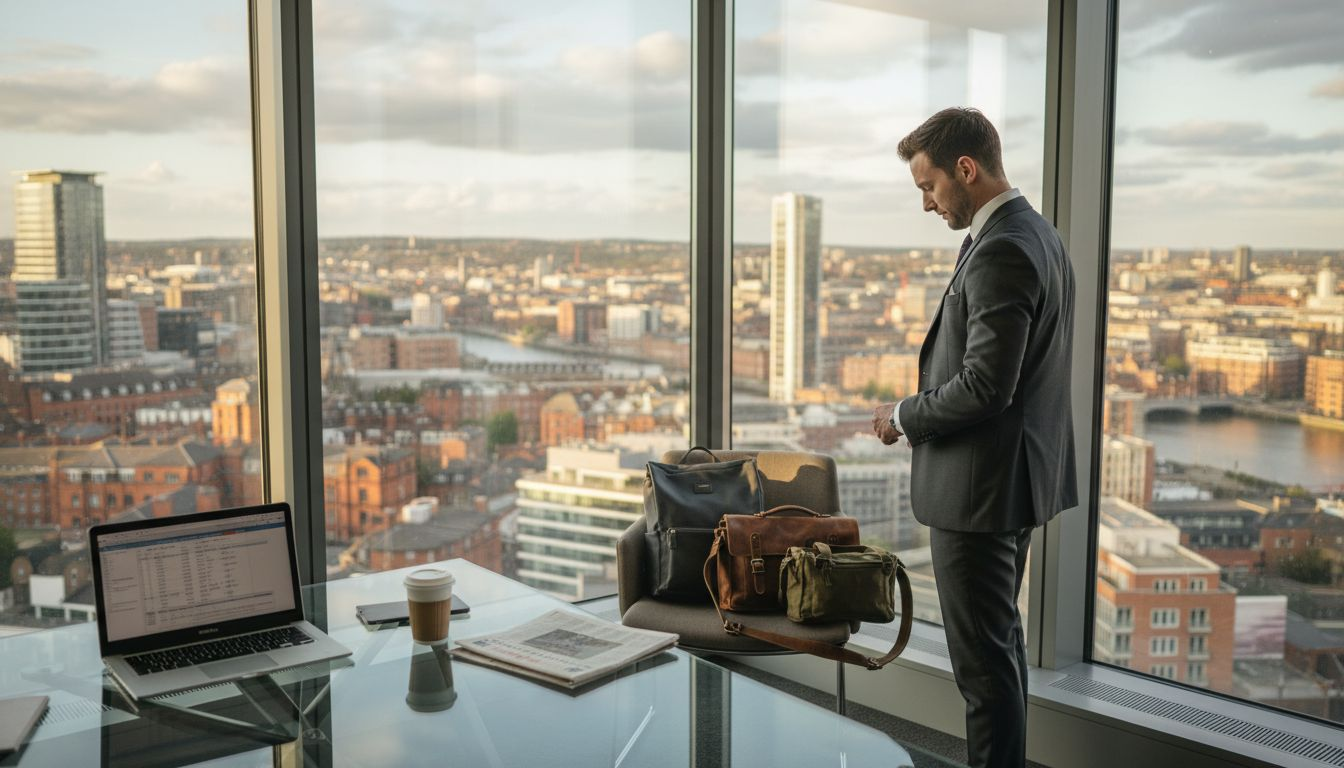 UK professional choosing stylish travel bags in office