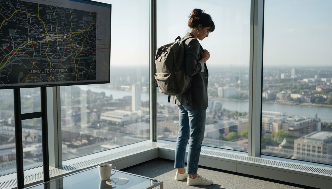 Person adjusts urban bag in city office