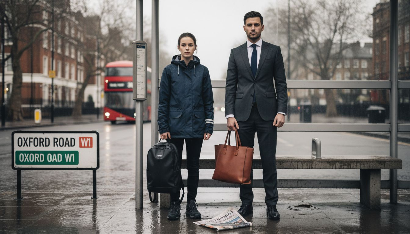 Urban and classic bags at city bus stop