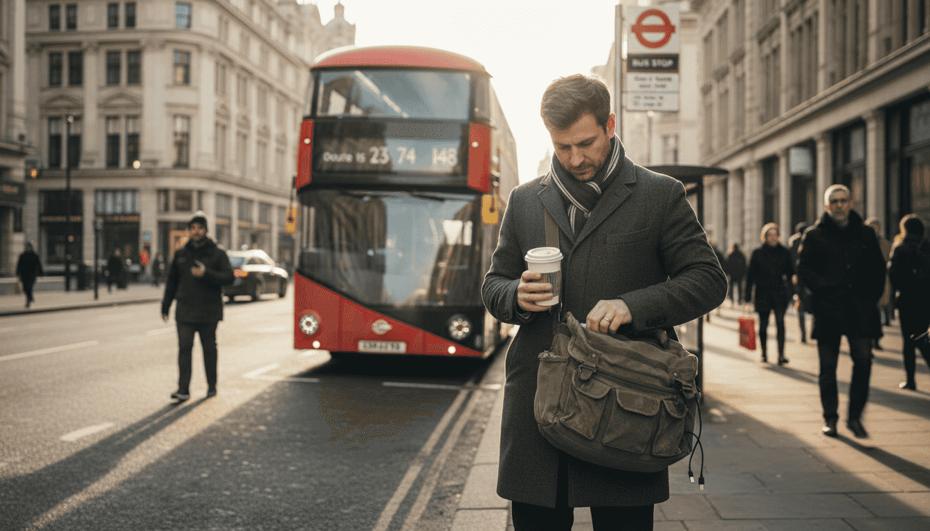 Commuter checking bag on busy London street