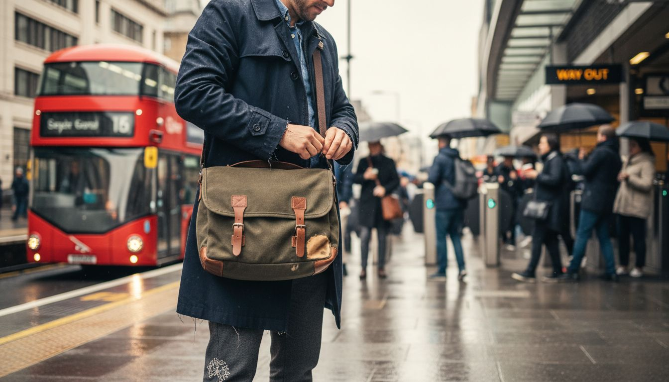 Commuter with messenger bag at London platform