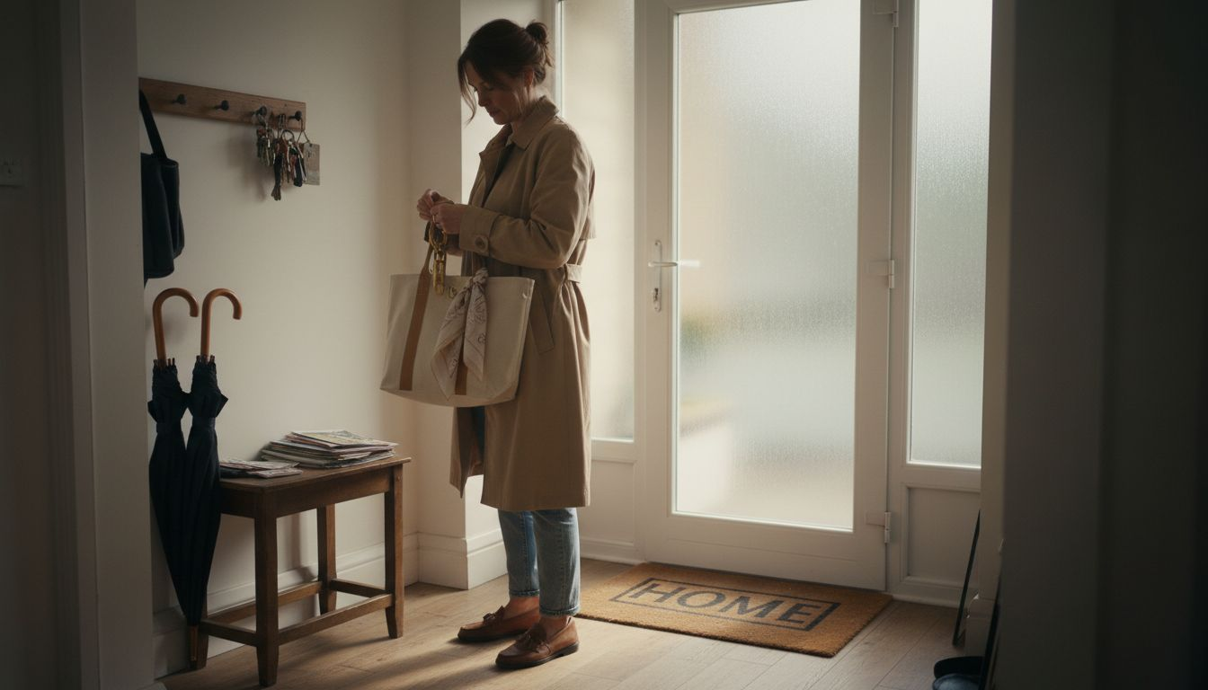 Woman accessorising canvas tote bag entryway