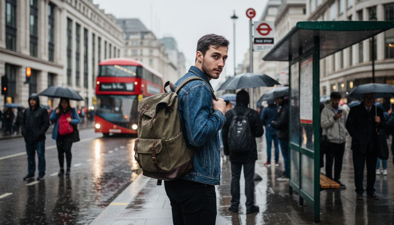 Commuter wearing vintage backpack in rain