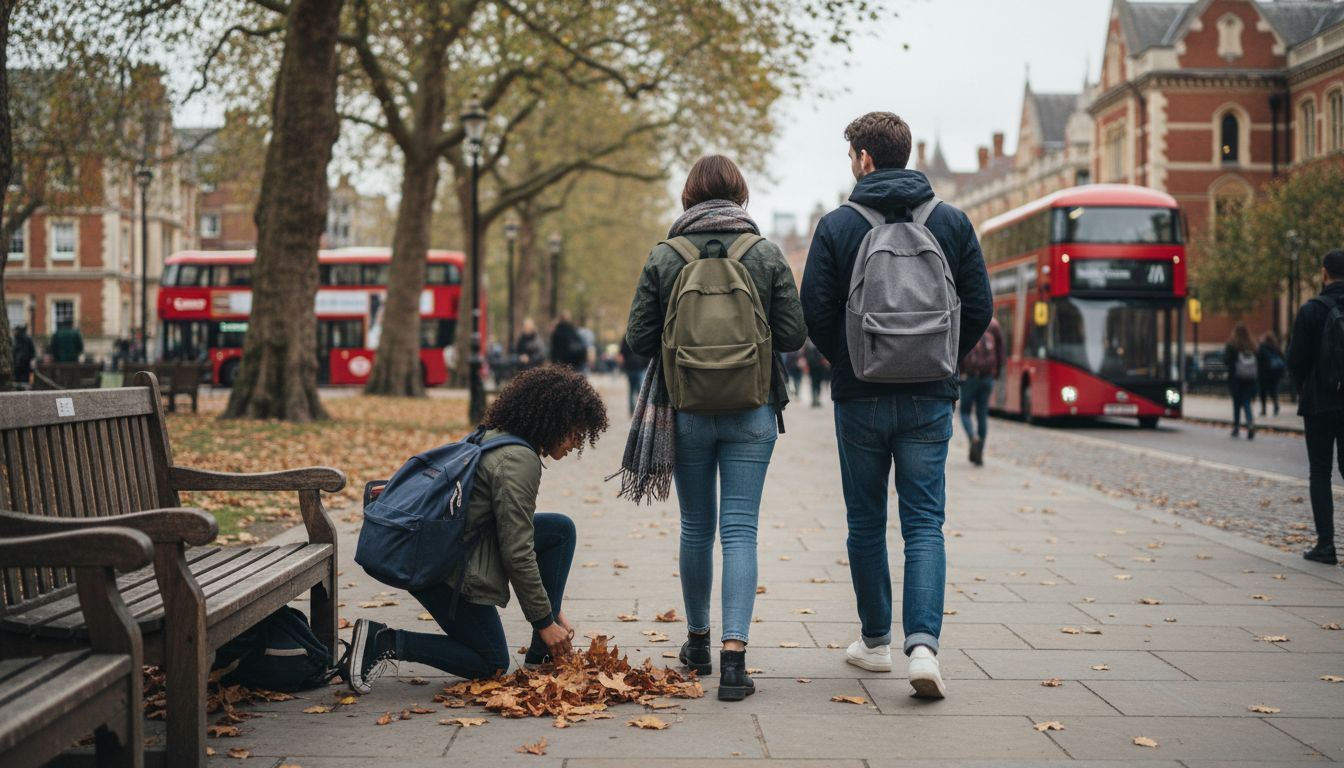 UK university students wearing backpacks outdoors