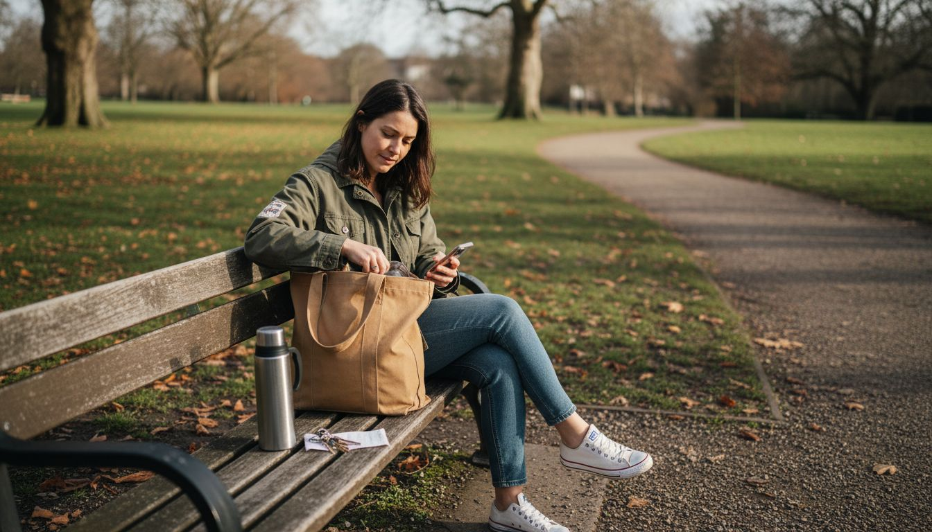 Woman with canvas tote in city park