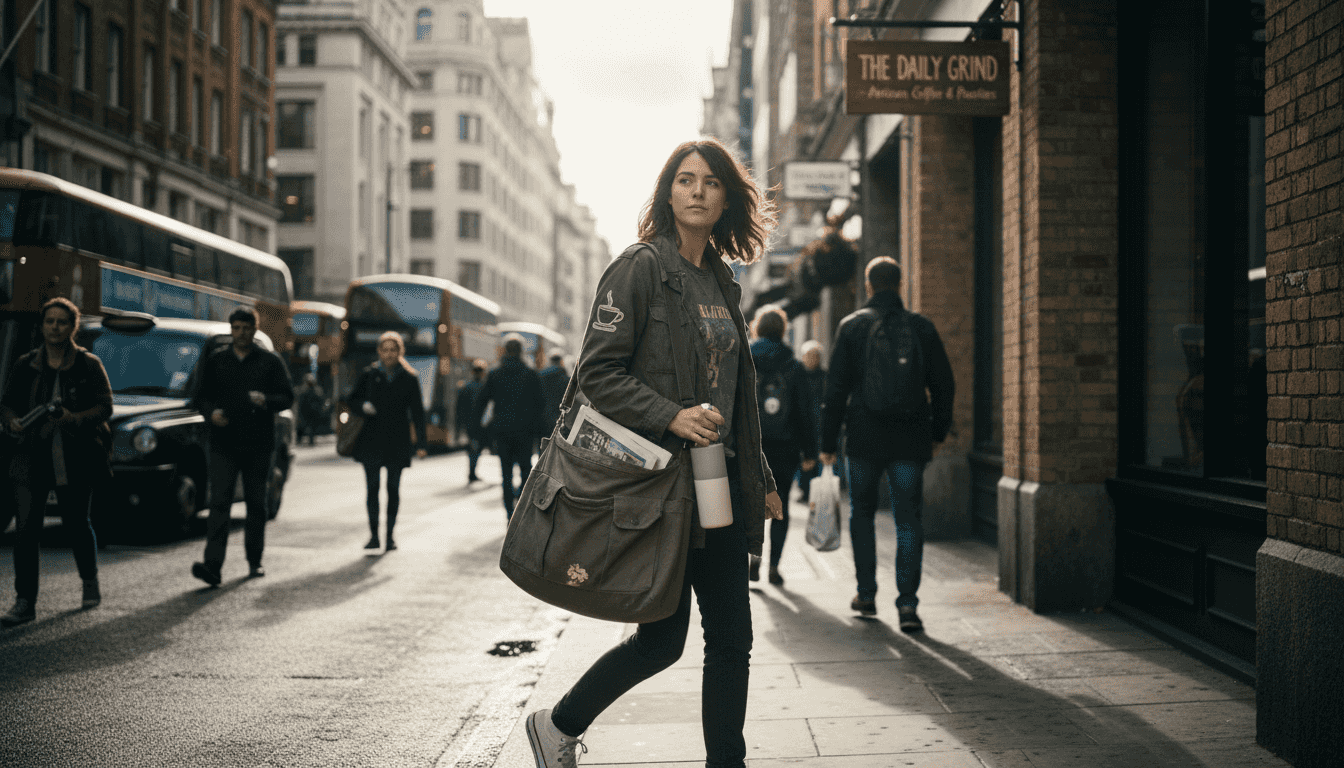 Woman with canvas bag walking in city morning