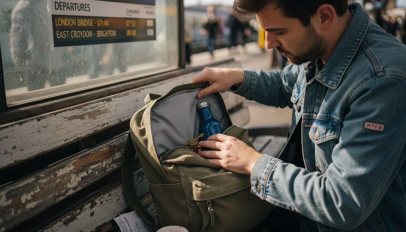 Commuter inspecting backpack lining for durability