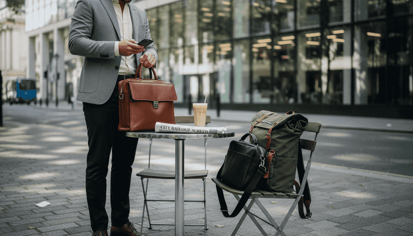 Man with various 2026 men’s bags city café