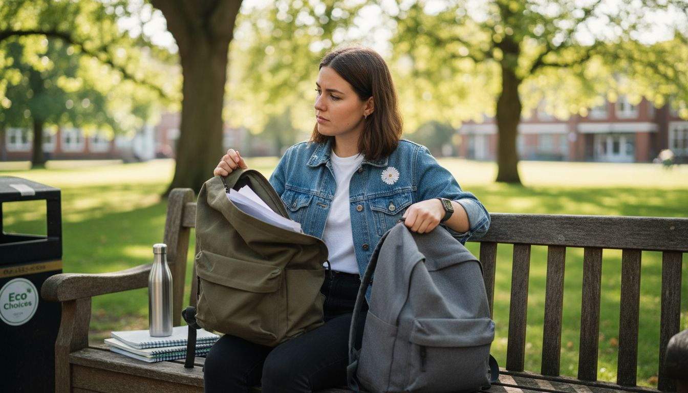 Student comparing backpack sizes on bench