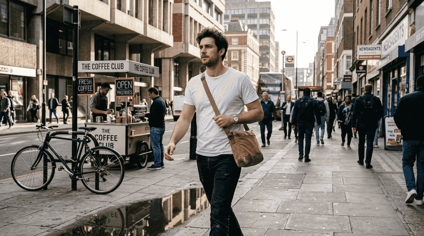 Young urban commuter carrying minimalist bag