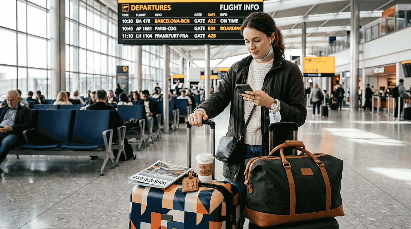 Stylish traveler with modern bags in airport lounge