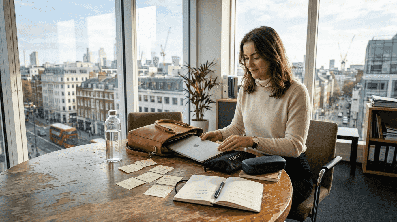 Professional unpacking organised work bag in city office