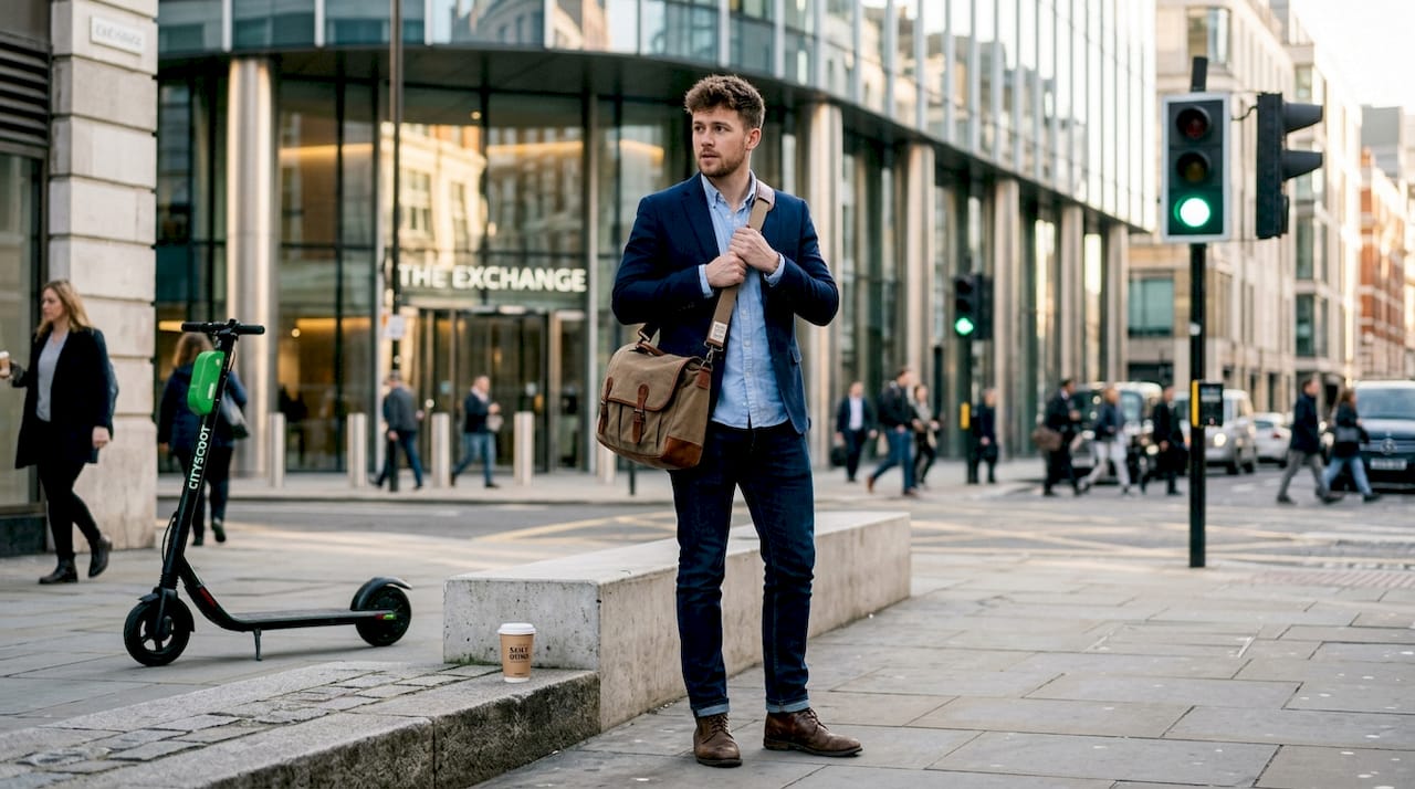 Professional wearing commuter bag on urban sidewalk