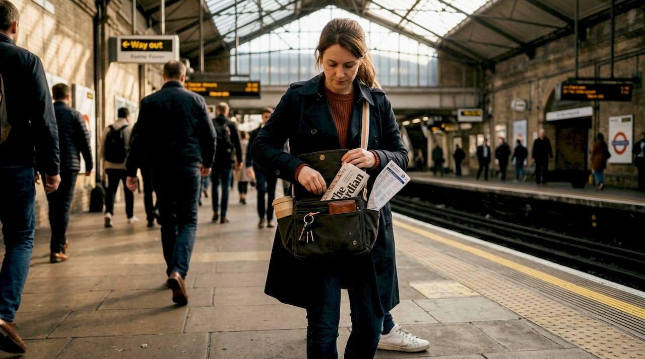 Commuter using functional bag on subway platform