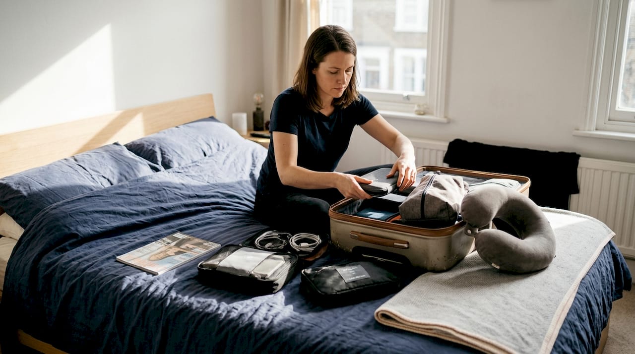 Woman packing travel accessories with organizers