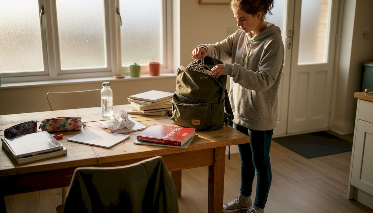 Student organizing backpack at kitchen table