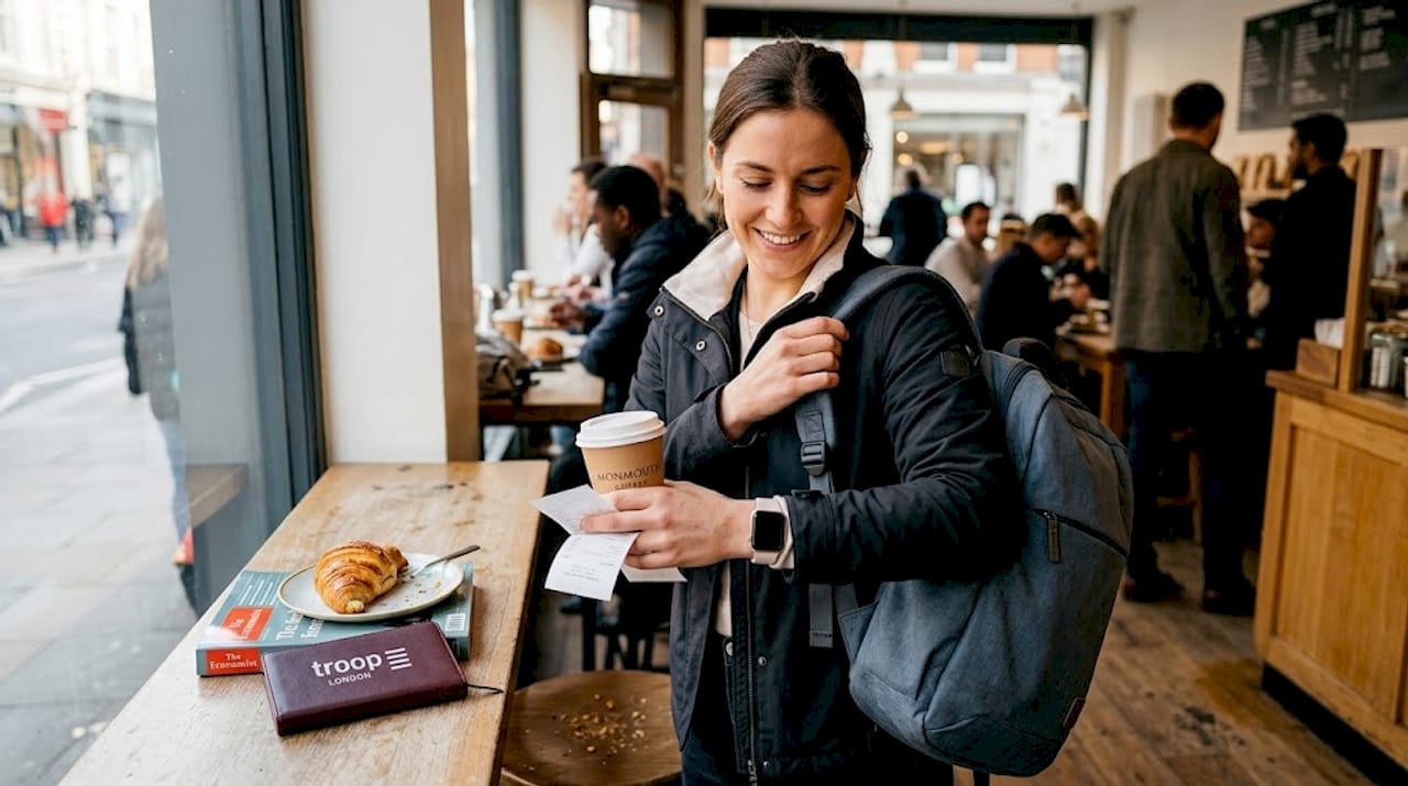 Commuter adjusting backpack in busy café