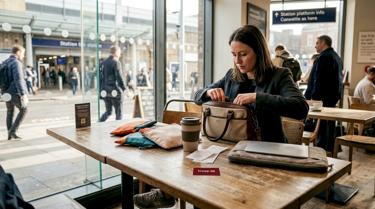 Commuter organising work bag in café
