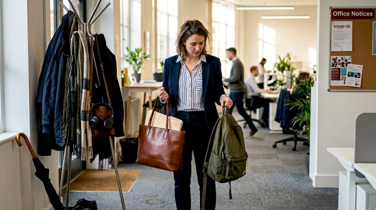 Professional comparing work bags in office entryway