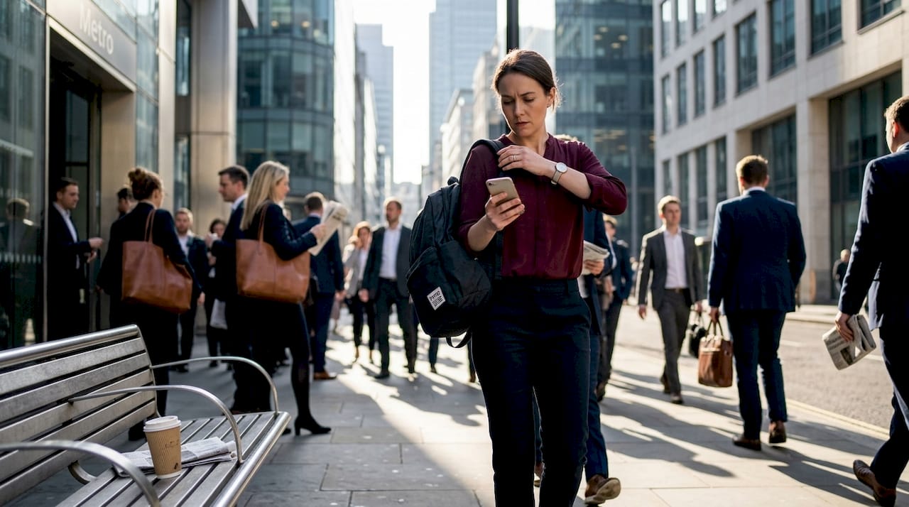 Commuter adjusts backpack leaving city station