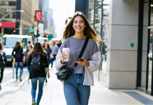 Millennial woman confidently wearing a crossbody bag on city street – why use a crossbody bag for travel