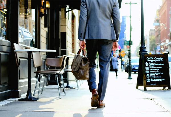 Confident professional walking city street with canvas laptop messenger, blending style and function for your busy days