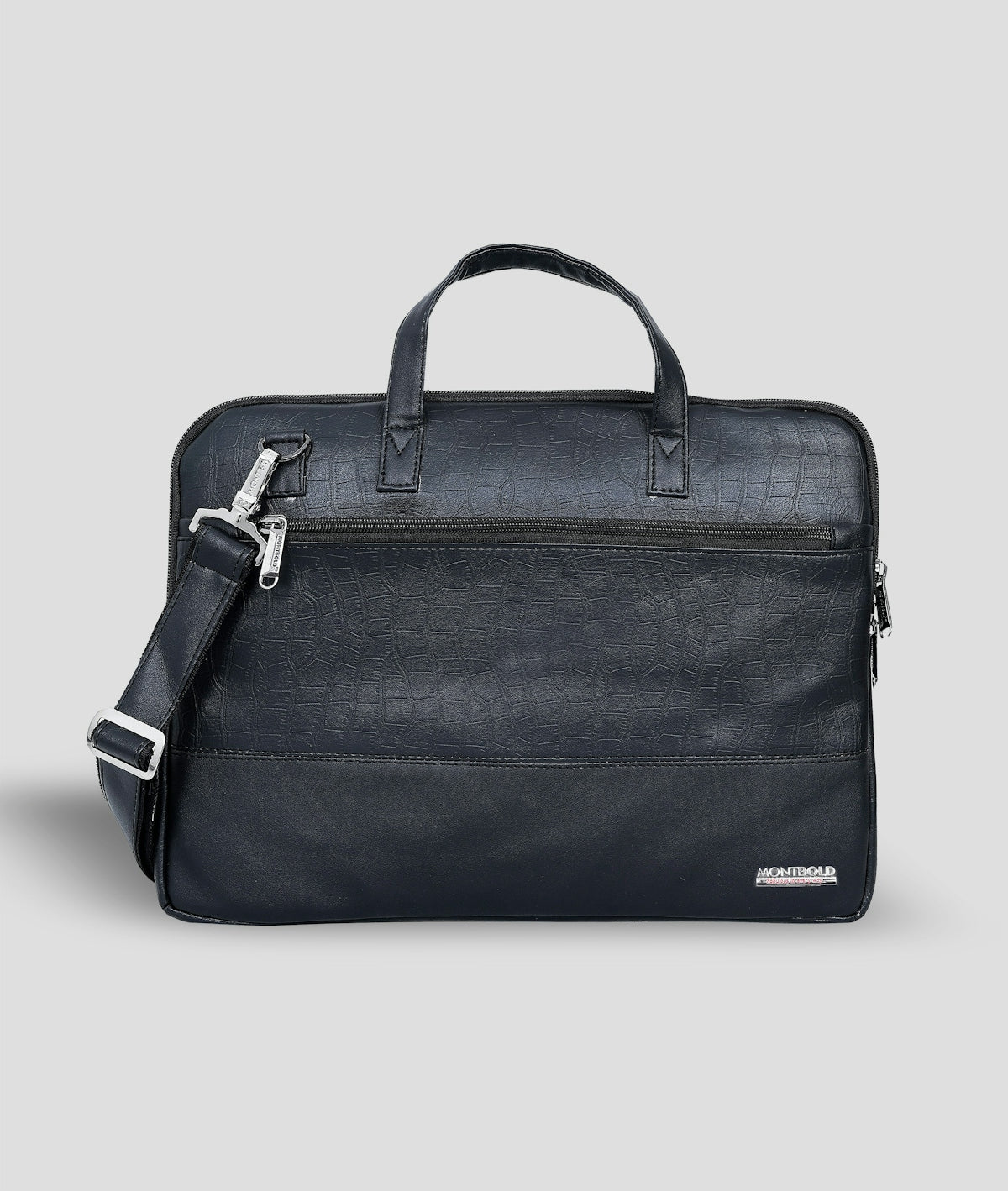 A dark blue briefcase with a shoulder strap