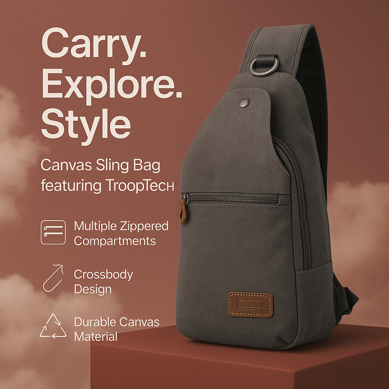 Canvas sling bag with TroopTech features on a brown background